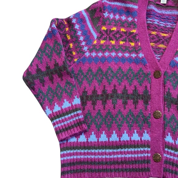 SUNDANCE Size XXL Folk Tale Cardigan Fair Isle Boxy Wool Blend Magenta - Picture 3 of 12